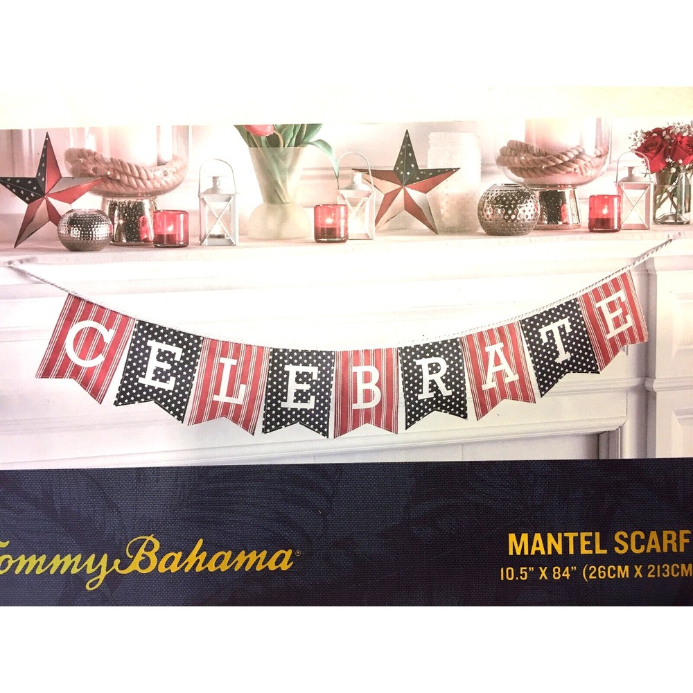 Tommy Bahama Mantel Scarf CELEBRATE 100% Cotton Lettered Flag Decoration Wall